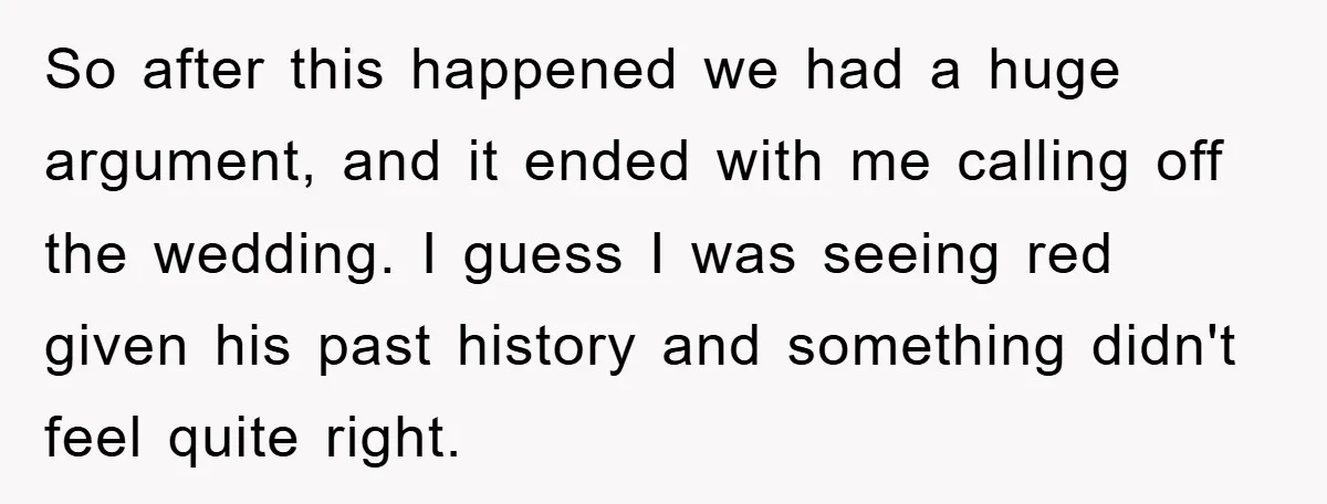 So after this happened we had a huge argument, and it ended with me calling off the wedding. I guess I was seeing red given his past history and something...