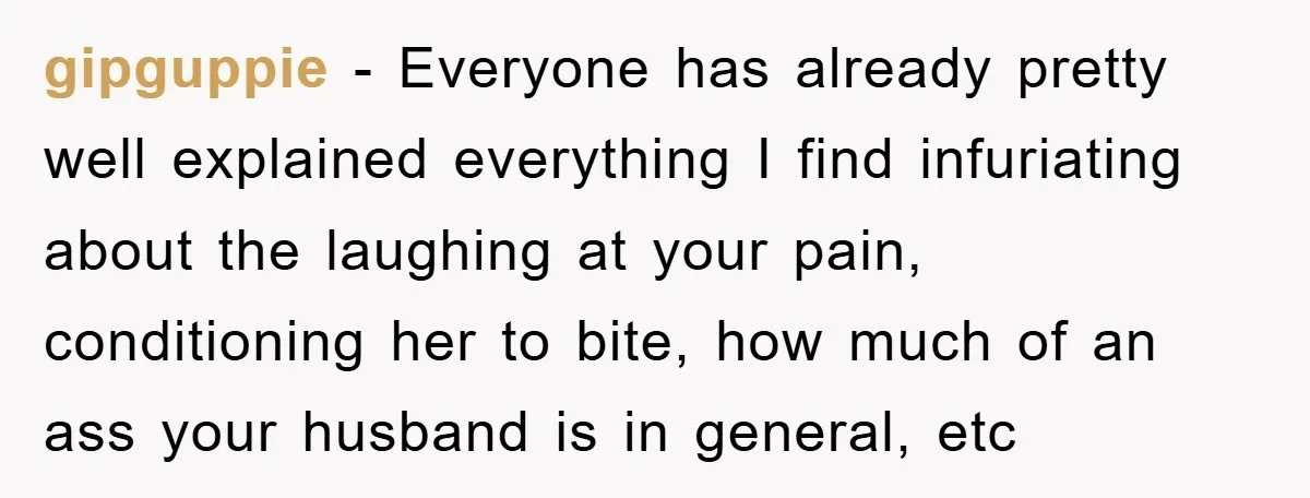 gipguppie − Everyone has already pretty well explained everything I find infuriating about the laughing at your pain, conditioning her to bite, how much of an ass your husband is...