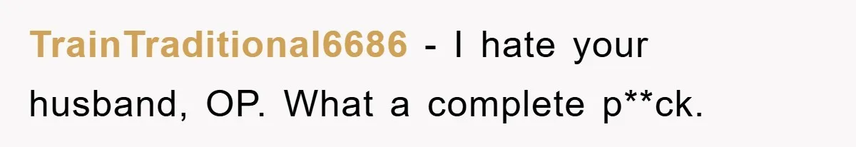 TrainTraditional6686 − I hate your husband, OP. What a complete p**ck.