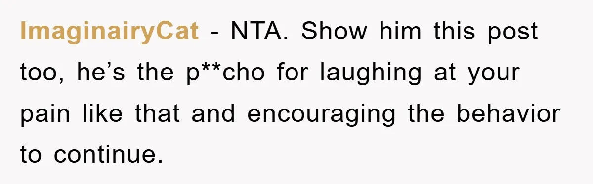 ImaginairyCat − NTA. Show him this post too, he’s the p**cho for laughing at your pain like that and encouraging the behavior to continue.