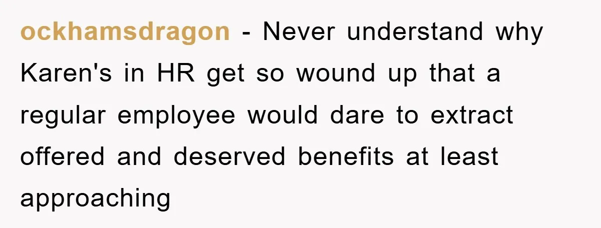 ockhamsdragon − Never understand why Karen's in HR get so wound up that a regular employee would dare to extract offered and deserved benefits at least approaching