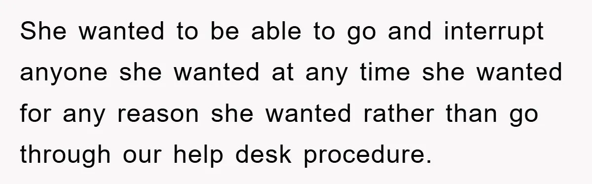 She wanted to be able to go and interrupt anyone she wanted at any time she wanted for any reason she wanted rather than go through our help desk procedure.
