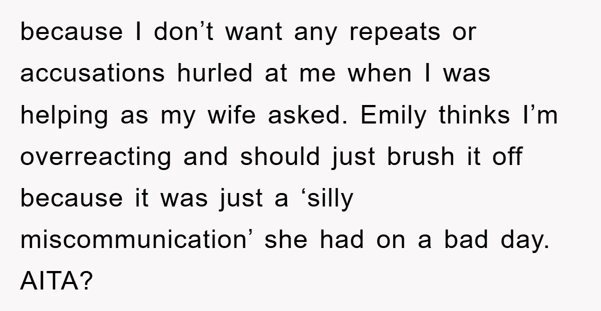 because I don’t want any repeats or accusations hurled at me when I was helping as my wife asked. Emily thinks I’m overreacting and should just brush it off because...