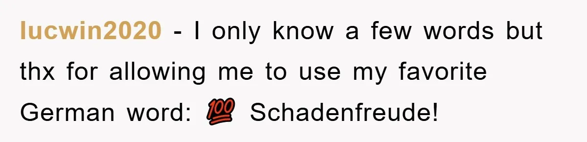 lucwin2020 − I only know a few words but thx for allowing me to use my favorite German word: 💯 Schadenfreude!