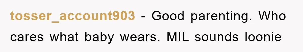 tosser_account903 − Good parenting. Who cares what baby wears. MIL sounds loonie