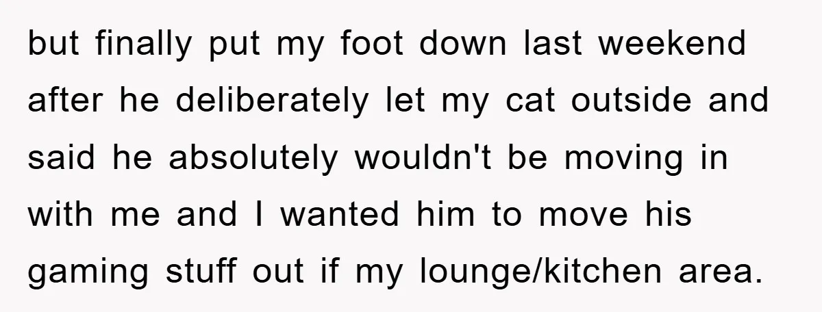 but finally put my foot down last weekend after he deliberately let my cat outside and said he absolutely wouldn't be moving in with me and I wanted him to...