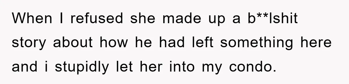 When I refused she made up a b**lshit story about how he had left something here and i stupidly let her into my condo.