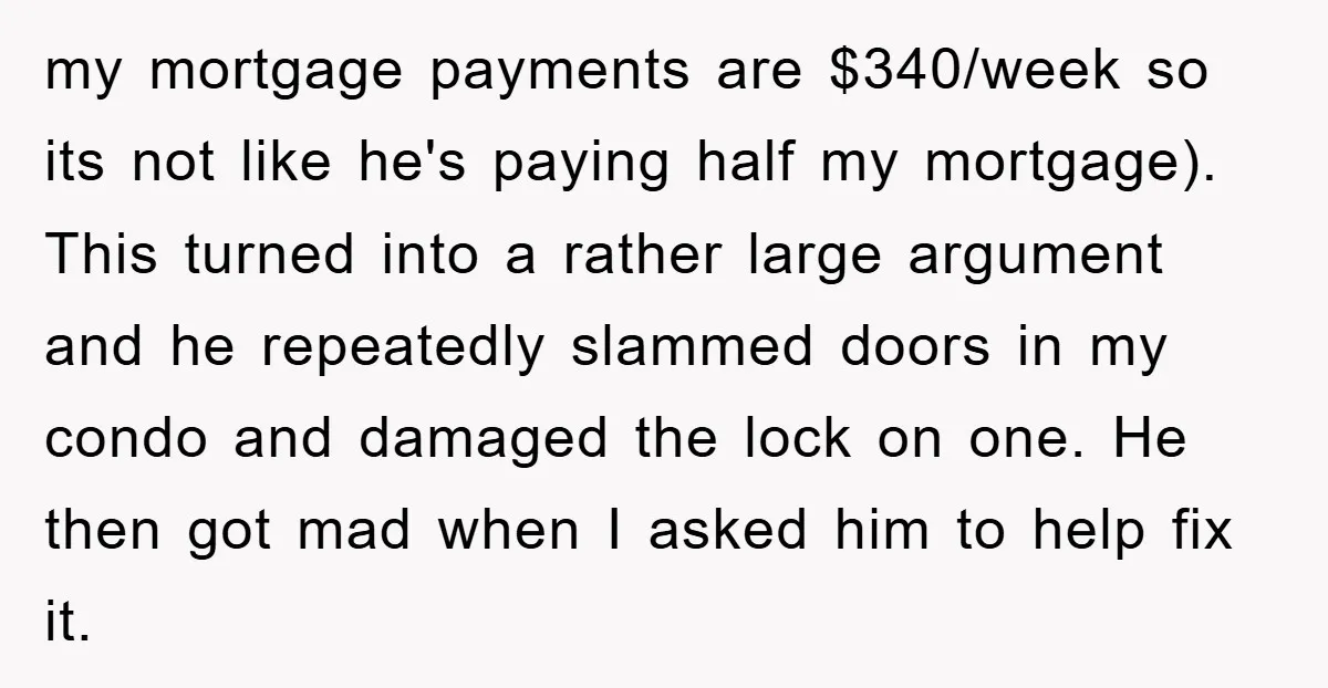 my mortgage payments are $340/week so its not like he's paying half my mortgage). This turned into a rather large argument and he repeatedly slammed doors in my condo and...