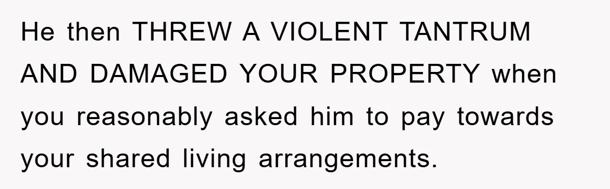 He then THREW A VIOLENT TANTRUM AND DAMAGED YOUR PROPERTY when you reasonably asked him to pay towards your shared living arrangements.