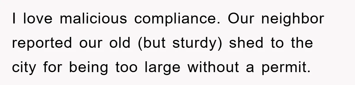 I love malicious compliance. Our neighbor reported our old (but sturdy) shed to the city for being too large without a permit.