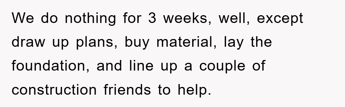 We do nothing for 3 weeks, well, except draw up plans, buy material, lay the foundation, and line up a couple of construction friends to help.