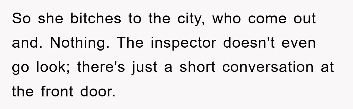 So she bitches to the city, who come out and. Nothing. The inspector doesn't even go look; there's just a short conversation at the front door.