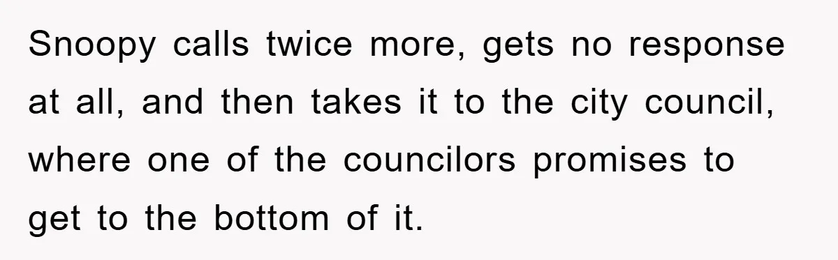 Snoopy calls twice more, gets no response at all, and then takes it to the city council, where one of the councilors promises to get to the bottom of it.
