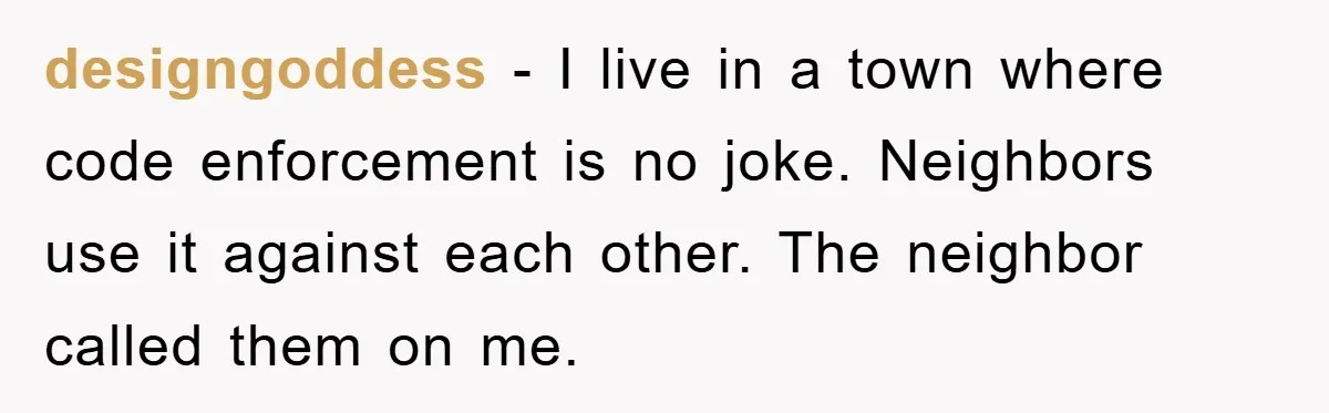 designgoddess − I live in a town where code enforcement is no joke. Neighbors use it against each other. The neighbor called them on me.