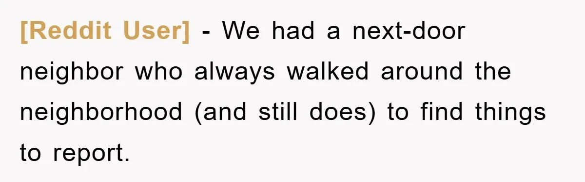 [Reddit User] − We had a next-door neighbor who always walked around the neighborhood (and still does) to find things to report.