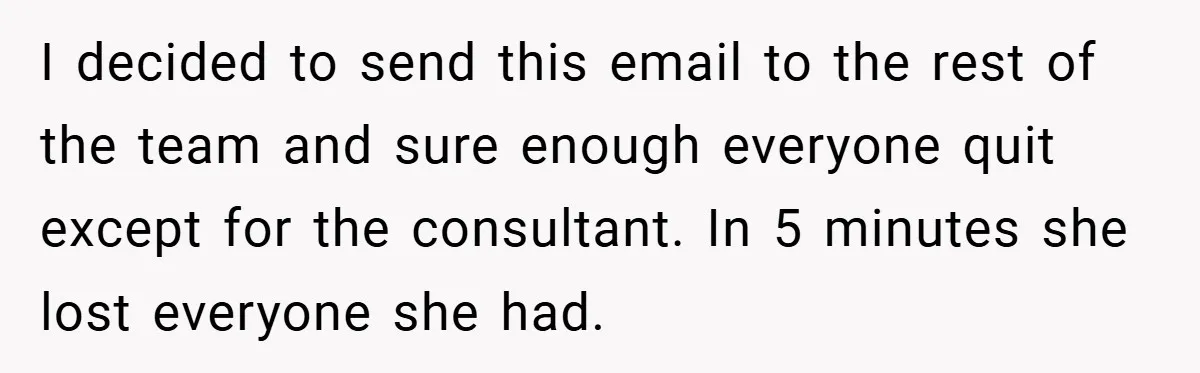 I decided to send this email to the rest of the team and sure enough everyone quit except for the consultant. In 5 minutes she lost everyone she had.