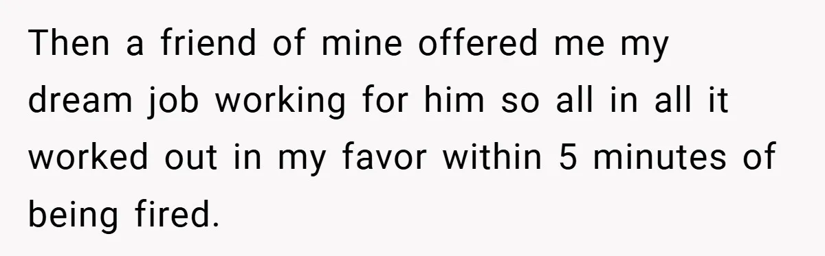 Then a friend of mine offered me my dream job working for him so all in all it worked out in my favor within 5 minutes of being fired.