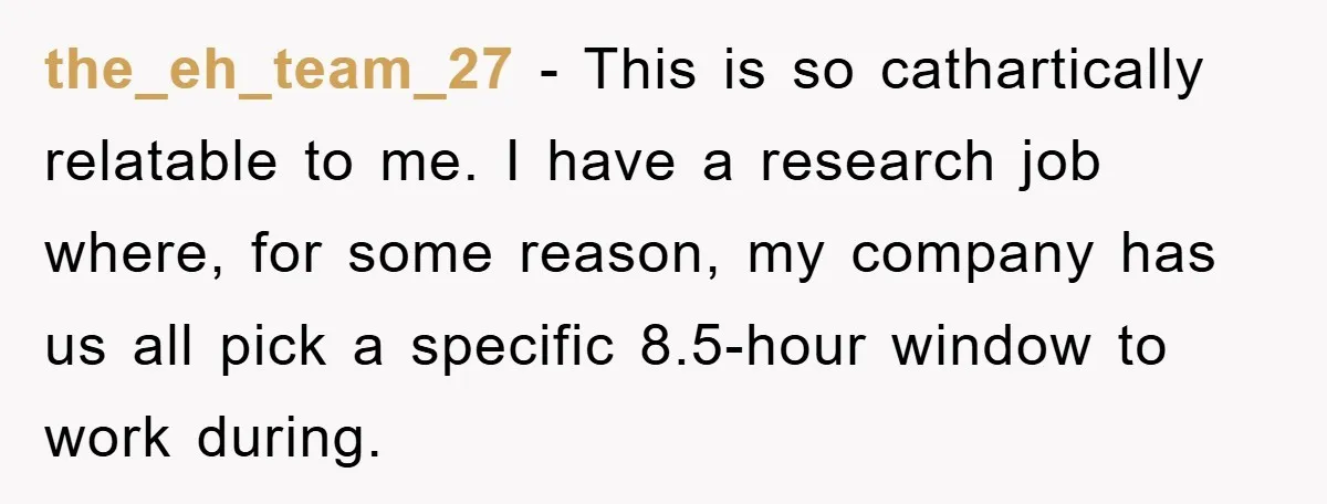 the_eh_team_27 − This is so cathartically relatable to me. I have a research job where, for some reason, my company has us all pick a specific 8.5-hour window to work...