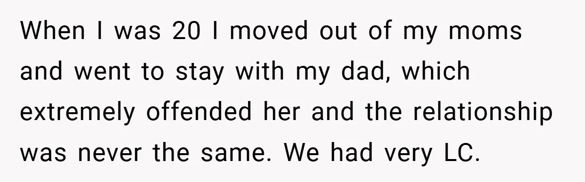 When I was 20 I moved out of my moms and went to stay with my dad, which extremely offended her and the relationship was never the same. We had...