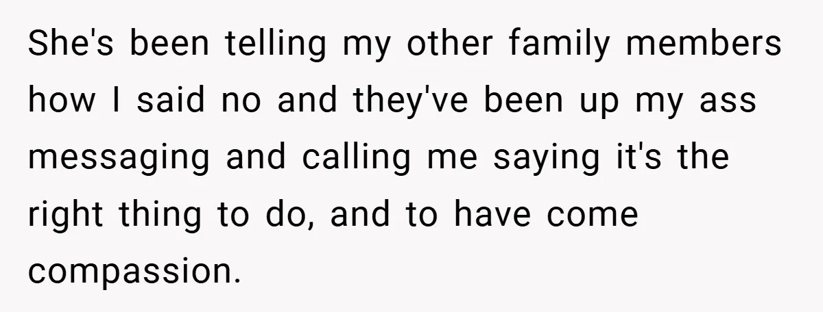 She's been telling my other family members how I said no and they've been up my ass messaging and calling me saying it's the right thing to do, and to...