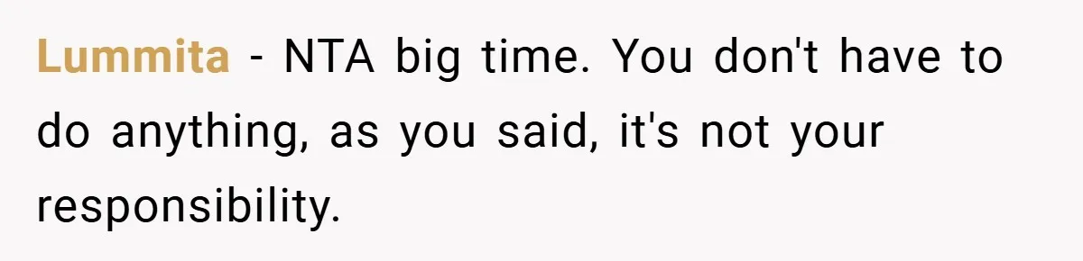 Lummita − NTA big time. You don't have to do anything, as you said, it's not your responsibility.