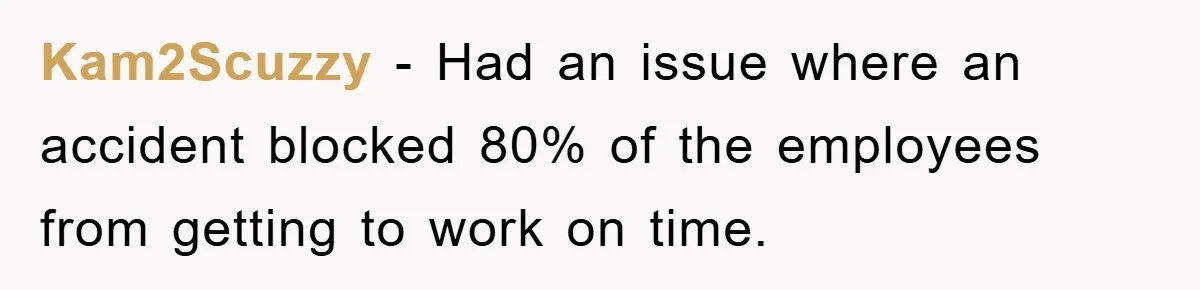 Kam2Scuzzy − Had an issue where an accident blocked 80% of the employees from getting to work on time.