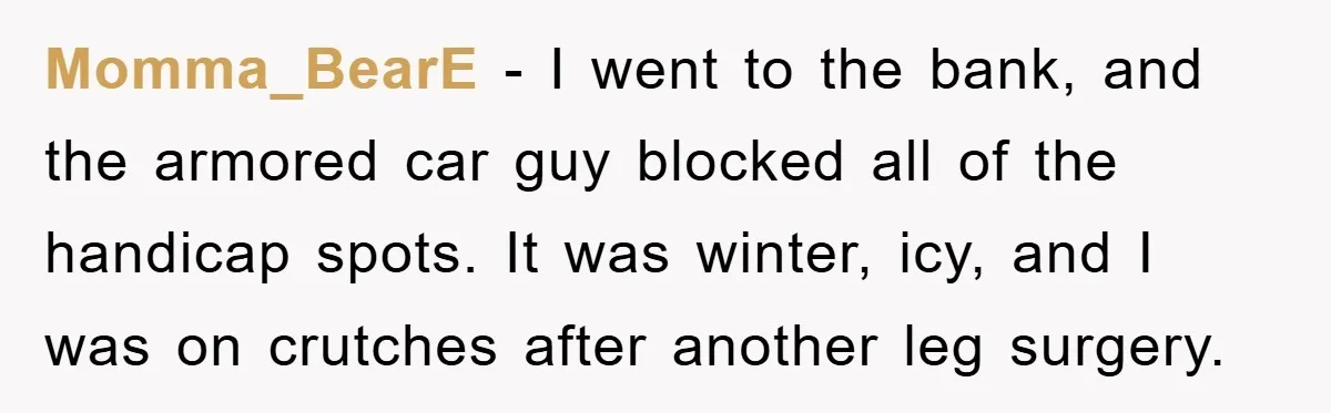 Dispensary Worker Gets Armored Driver Ticketed For Blocking Handicap Spots Momma_BearE − I went to the bank, and the armored car guy blocked all of the handicap spots. It was winter, icy, and I was on crutches after another leg...