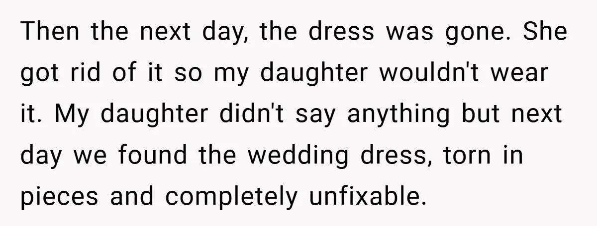 Then the next day, the dress was gone. She got rid of it so my daughter wouldn't wear it. My daughter didn't say anything but next day we found the...