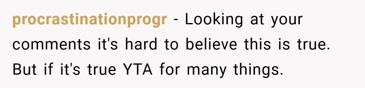 procrastinationprogr − Looking at your comments it's hard to believe this is true. But if it's true YTA for many things.