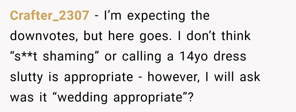 Crafter_2307 − I’m expecting the downvotes, but here goes. I don’t think “s**t shaming” or calling a 14yo dress slutty is appropriate - however, I will ask was it “wedding...