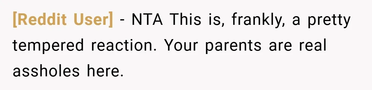 [Reddit User] − NTA This is, frankly, a pretty tempered reaction. Your parents are real assholes here.