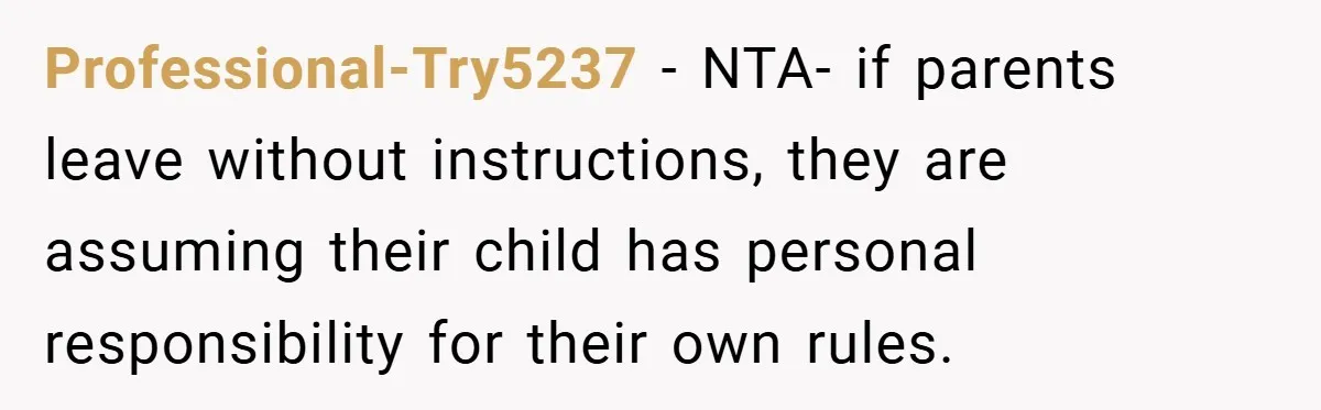 Professional-Try5237 − NTA- if parents leave without instructions, they are assuming their child has personal responsibility for their own rules.
