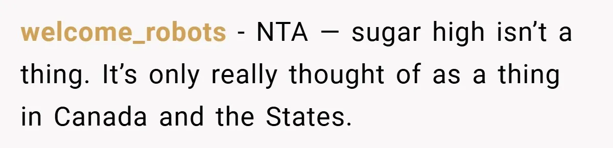 welcome_robots − NTA — sugar high isn’t a thing. It’s only really thought of as a thing in Canada and the States.