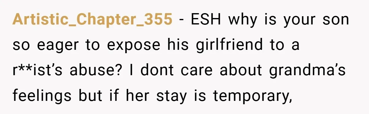 Dad Caught Between His Prejudiced Mom and His Son’s Girlfriend - Who Suffers? Artistic_Chapter_355 − ESH why is your son so eager to expose his girlfriend to a r**ist’s abuse? I dont care about grandma’s feelings but if her stay is temporary,