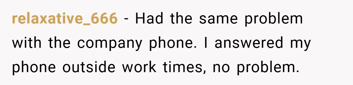relaxative_666 − Had the same problem with the company phone. I answered my phone outside work times, no problem.