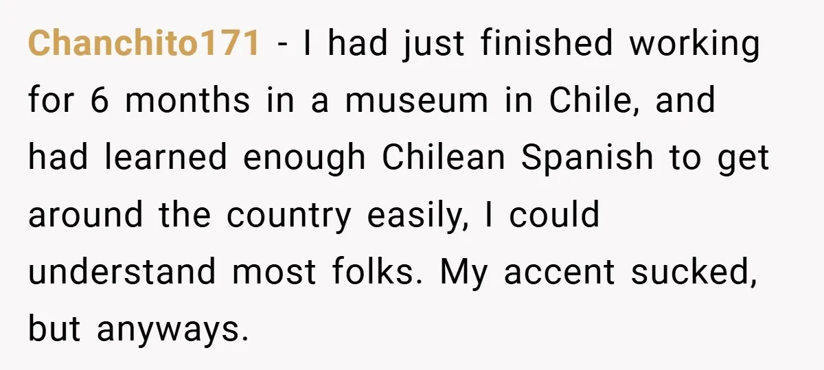Chanchito171 − I had just finished working for 6 months in a museum in Chile, and had learned enough Chilean Spanish to get around the country easily, I could understand...