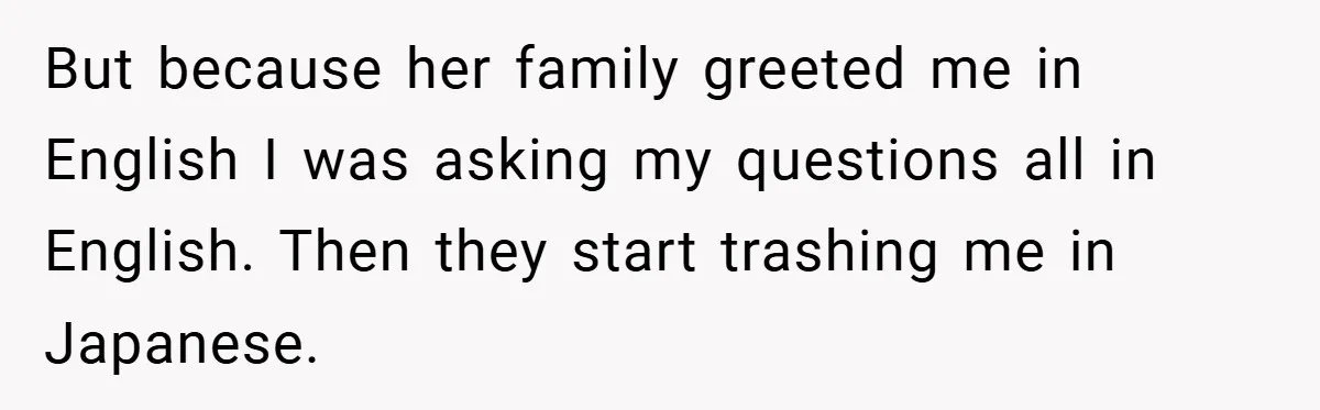 But because her family greeted me in English I was asking my questions all in English. Then they start trashing me in Japanese.