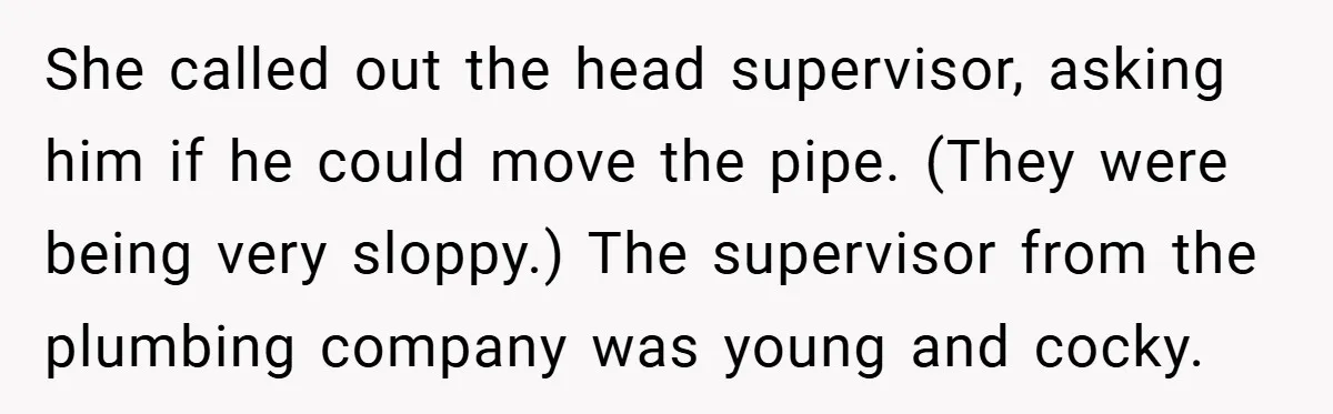 She called out the head supervisor, asking him if he could move the pipe. (They were being very sloppy.) The supervisor from the plumbing company was young and cocky.
