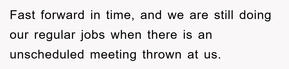 Fast forward in time, and we are still doing our regular jobs when there is an unscheduled meeting thrown at us.