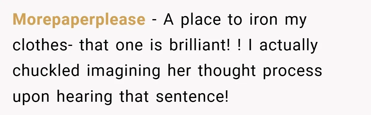Morepaperplease − A place to iron my clothes- that one is brilliant! ! I actually chuckled imagining her thought process upon hearing that sentence!