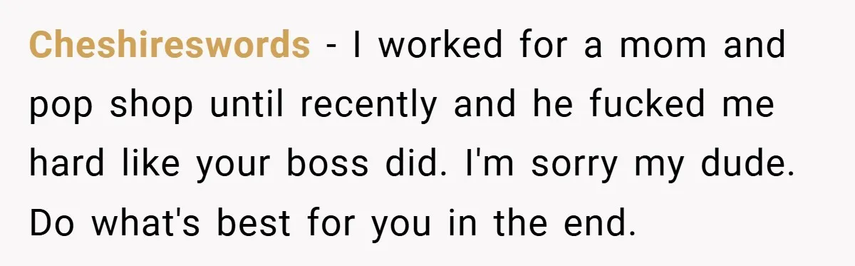 Cheshireswords − I worked for a mom and pop shop until recently and he fucked me hard like your boss did. I'm sorry my dude. Do what's best for you...