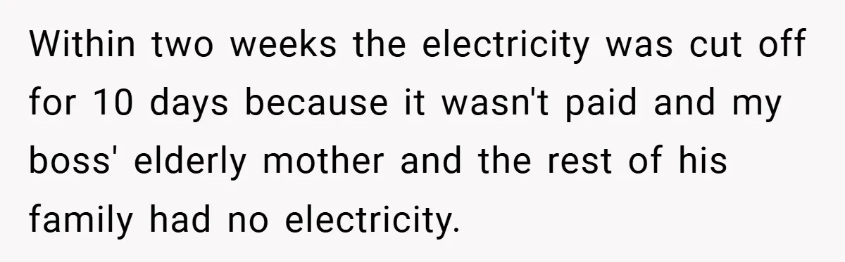 Employee Stops Managing Office - Forces Family-Run Law Firm to Face Consequences Within two weeks the electricity was cut off for 10 days because it wasn't paid and my boss' elderly mother and the rest of his family had no electricity.