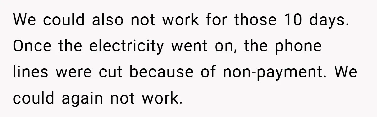 Employee Stops Managing Office - Forces Family-Run Law Firm to Face Consequences We could also not work for those 10 days. Once the electricity went on, the phone lines were cut because of non-payment. We could again not work.