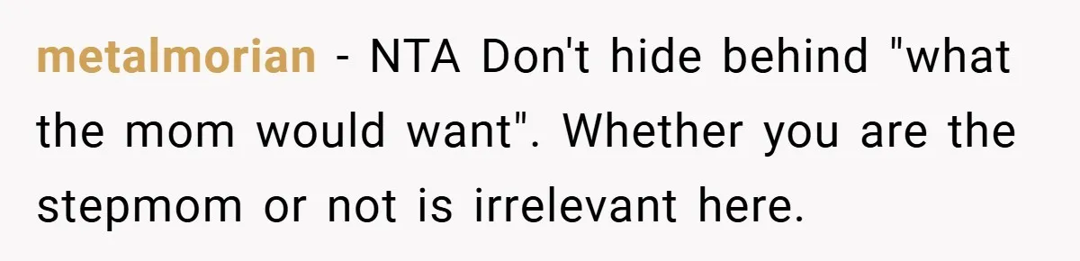 metalmorian − NTA Don't hide behind "what the mom would want". Whether you are the stepmom or not is irrelevant here.