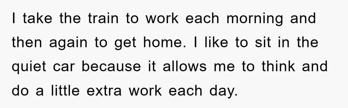 I take the train to work each morning and then again to get home. I like to sit in the quiet car because it allows me to think and do...