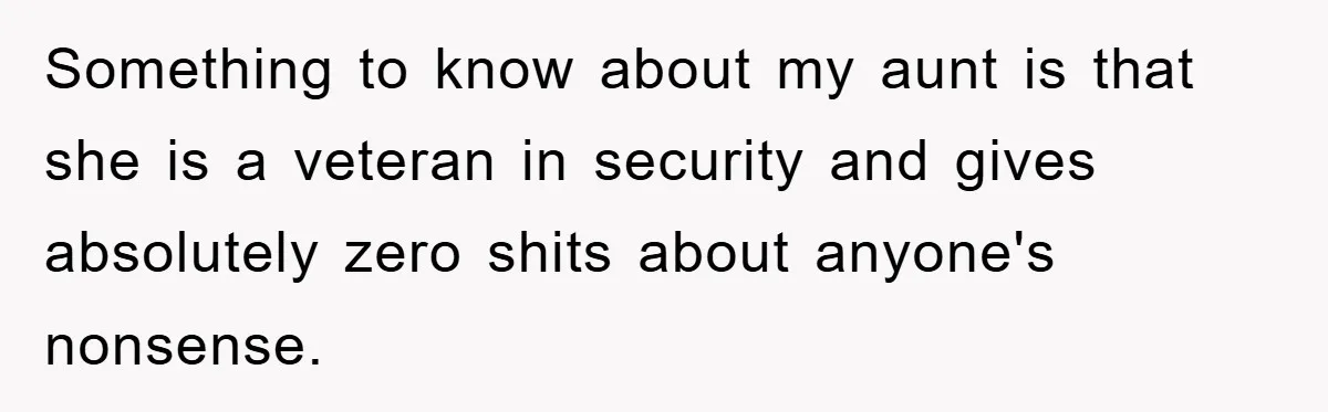 Something to know about my aunt is that she is a veteran in security and gives absolutely zero shits about anyone's nonsense.