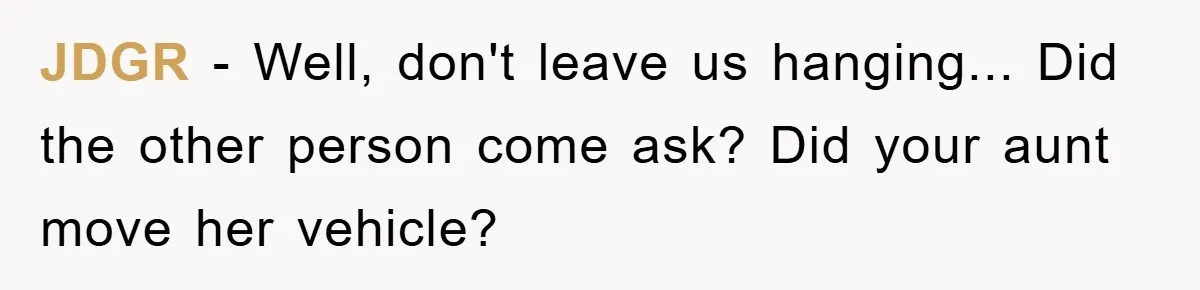 JDGR − Well, don't leave us hanging... Did the other person come ask? Did your aunt move her vehicle?