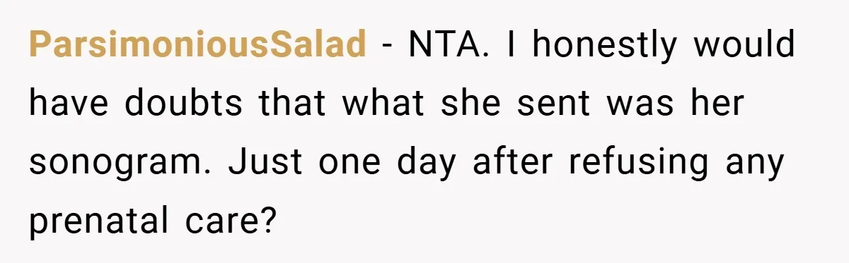 ParsimoniousSalad − NTA. I honestly would have doubts that what she sent was her sonogram. Just one day after refusing any prenatal care?