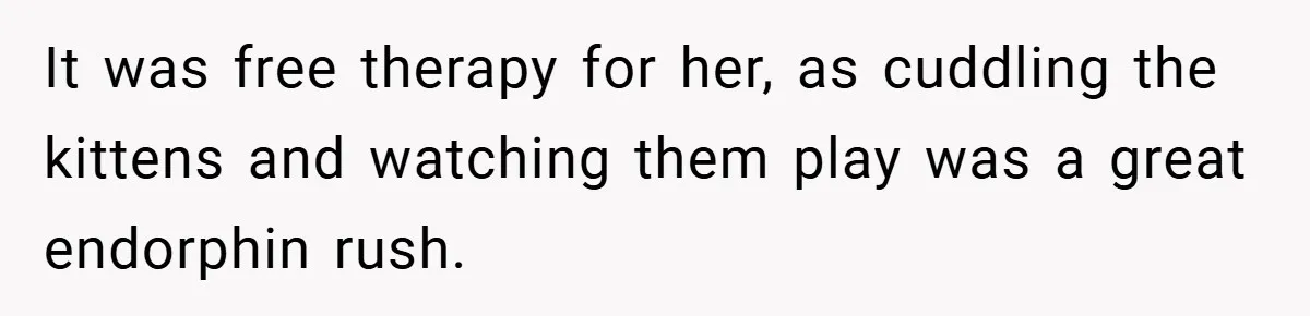 It was free therapy for her, as cuddling the kittens and watching them play was a great endorphin rush.