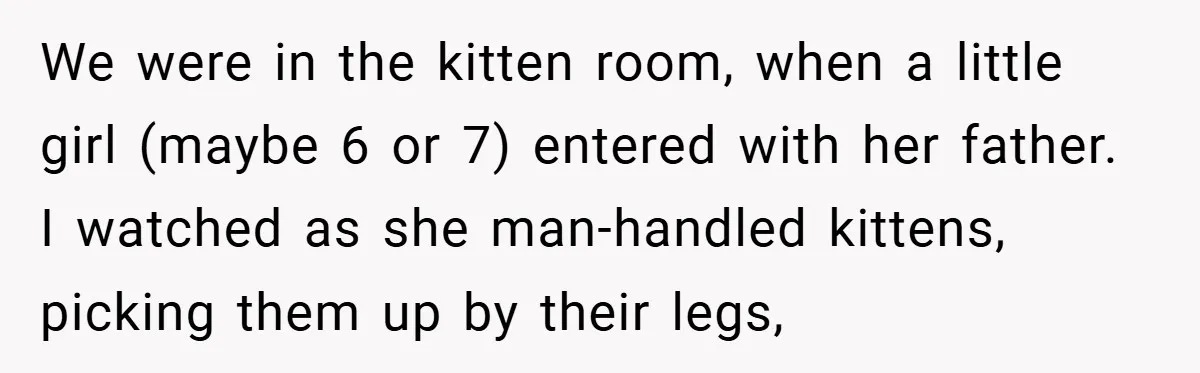 We were in the kitten room, when a little girl (maybe 6 or 7) entered with her father. I watched as she man-handled kittens, picking them up by their legs,